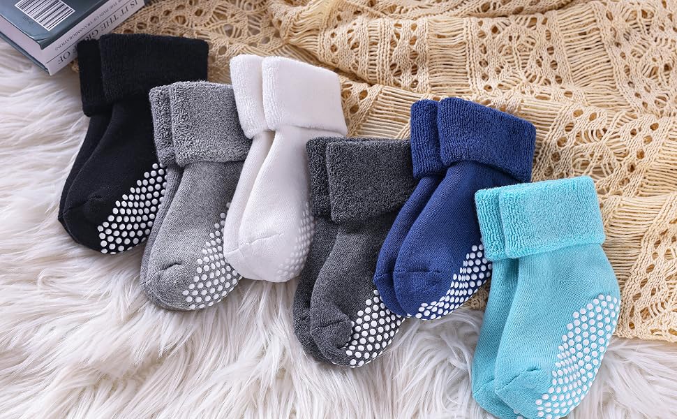 Unisex Baby Toddler Kids Ankle Crew Socks with Grips Boys Girls Warm Thick Cotton Non Slip Socks