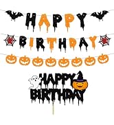 ANFEST Happy Birthday Halloween Banner, Black Glitter Happy Birthday, NO DIY Halloween Paper Garl...