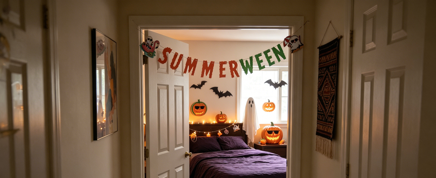 Summerween banner above slightly open bedroom door, peeking inside.
