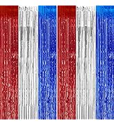 2 Pack 3.2ft x 9.8ft July 4th Patriotic American Flag Metallic Foil Fringe Curtain, Blue Red Silv...