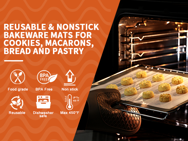 Reusable nonstick baking mat shown in oven with cookies. Features food-grade material, BPA-free, dishwasher safe, and heat resistant to 450°F.