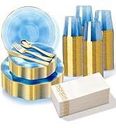 Pryntono 175PCS Blue Plastic Plates with Gold Rim, Disposable Party Dinnerware Set for 25 Guests,...
