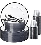 N9R 600PCS Black Disposable Plates, Heavy Duty Plastic Dinnerware Set for 100 Guests Includes 100...