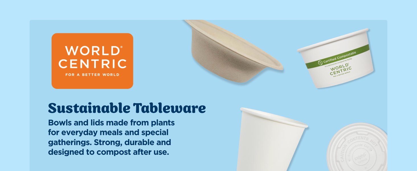 World Centric fiber paper bowls and lids made from plant-based materials