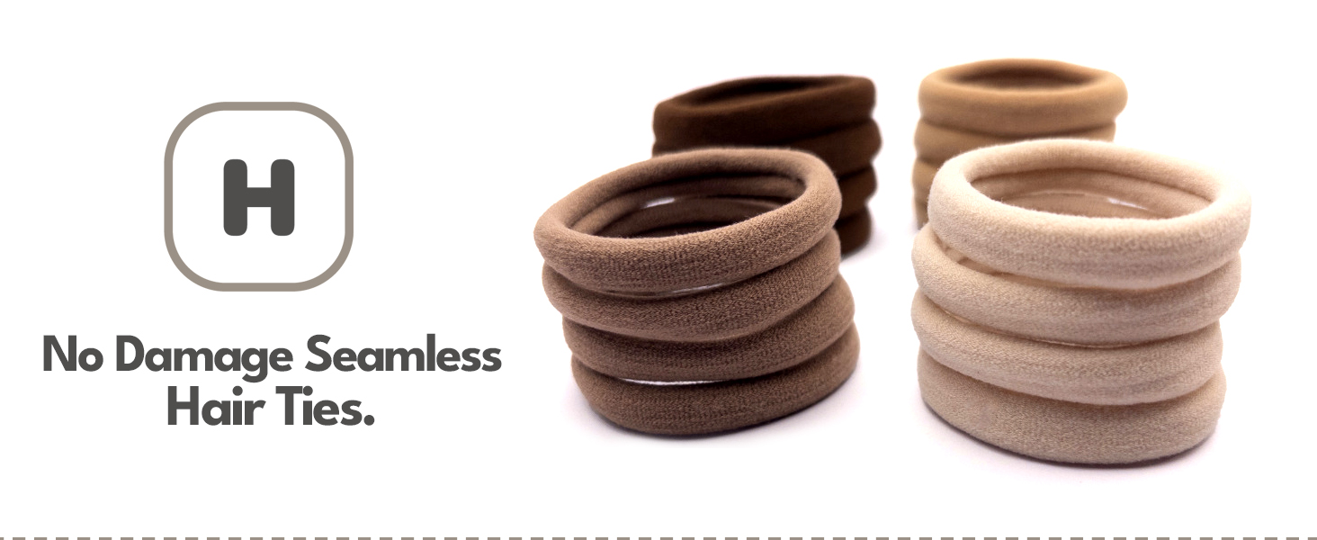 no damage seamless hair ties, thick no-snag ponytail holders, neutral color hair elastics