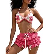 Women's Summer 2 Piece Crochet Beach Swimsuits Vacation Outfits Floral Bra Tops Drawstring Ruffle...