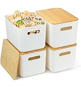 4 Packs Storage Bins with Bamboo Lids - Plastic Storage Containers with Lids Stackable Storage Bo...