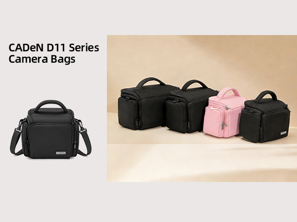 Text reads 'CADeN D11 Series Camera Bags'. Multiple camera bags displayed in black and pink colors, showing different sizes and carrying configurations.