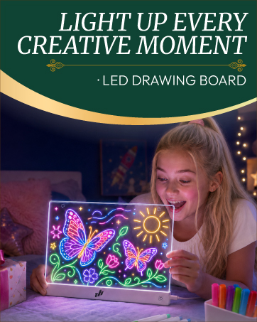 LED drawing board for kids showing colorful a child using the board for sketching, light-up art fun