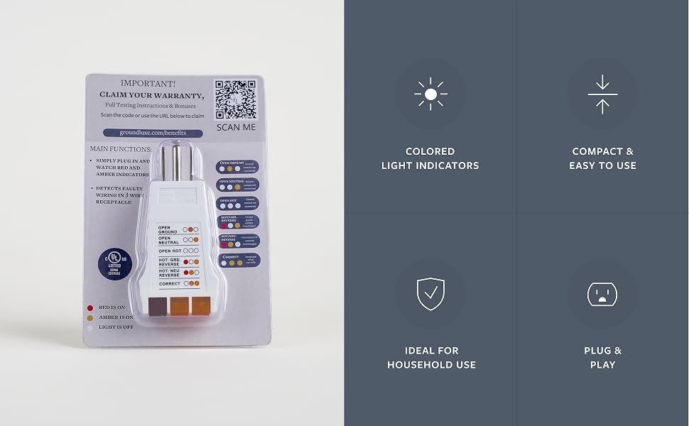 GroundLuxe outlet tester on it's packaging. Compact and easy to use. Colored light indicators.
