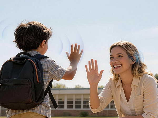 A mom takes calls while interacting with her child, perfect for school drop-offs and pickups.