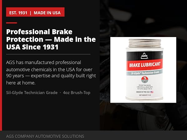 AGS Brake Lubricant 4oz can on dark background with EST. 1931 and Made in USA badge