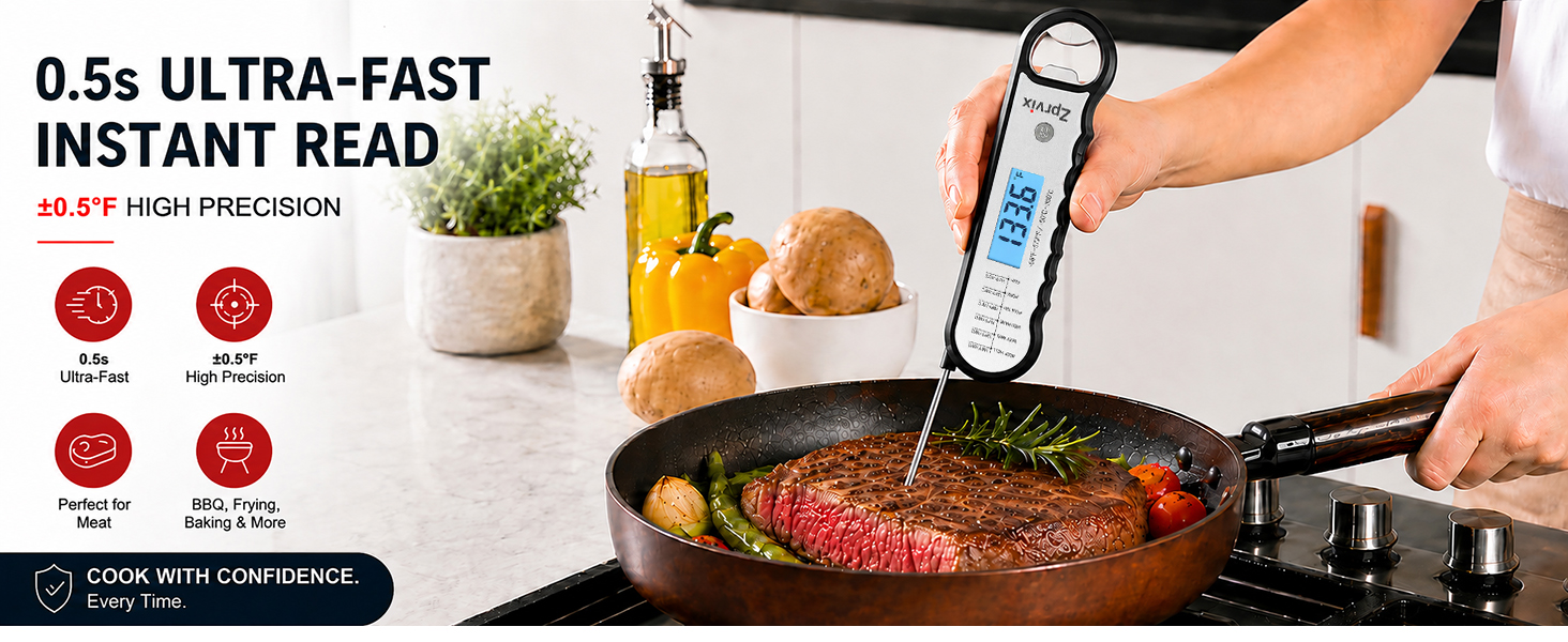 Instant read meat thermometer with 0.5s response and ±0.5°F accuracy for BBQ, grill, kitchen cooking