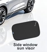 Text reads "side window" and "sun visor". Technical illustration showing black and white car window components.