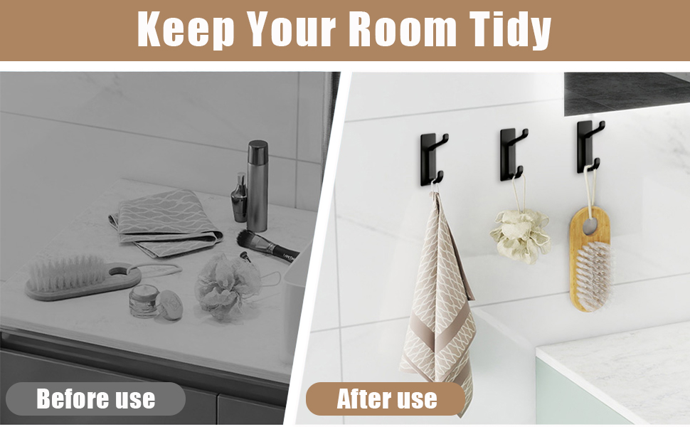 Text reads 'Keep Your Room Tidy'. Before and after comparison images showing wall-mounted hooks being used for organization.