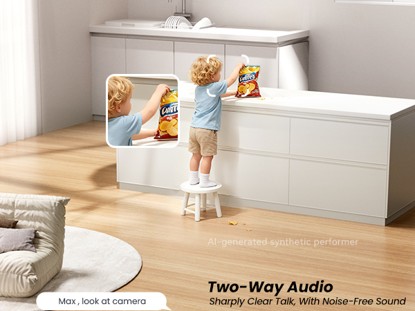 Baby monitor with two-way audio, a child reaching for snacks on a cabinet