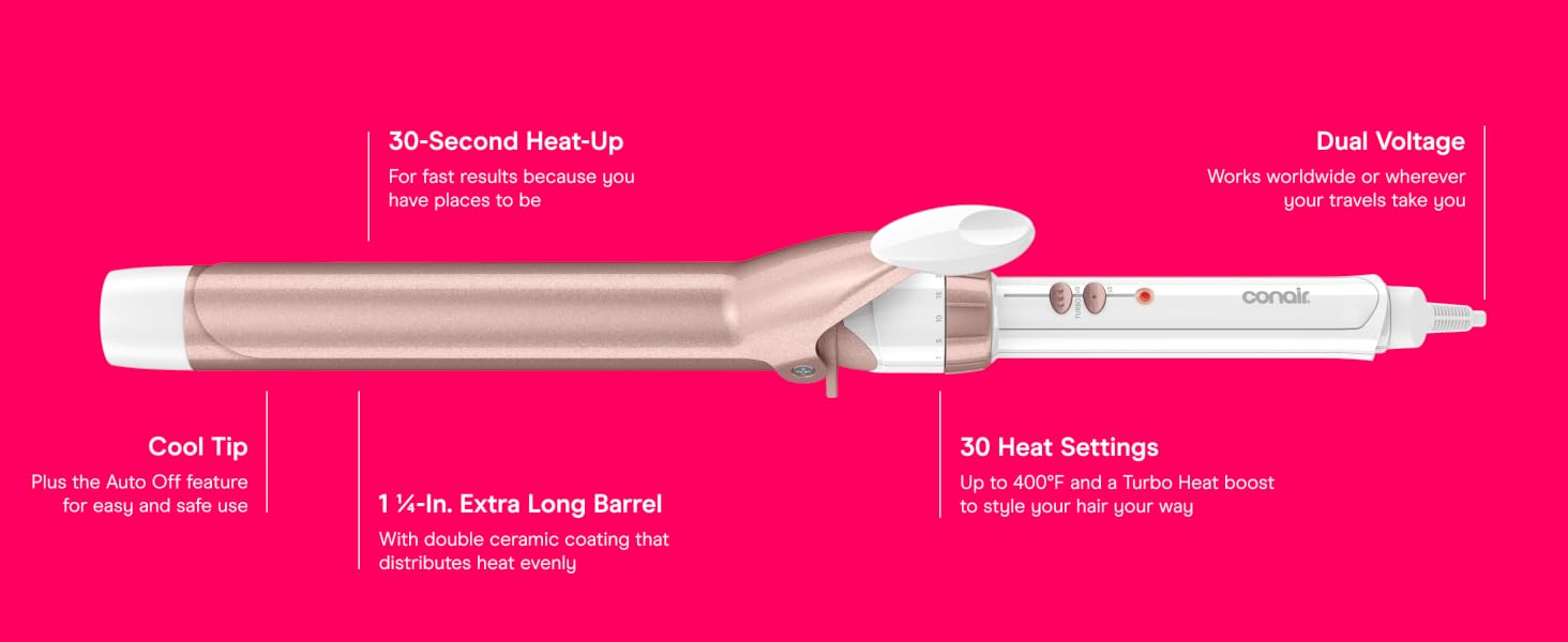 30-Second Heat Up. Dual Voltage. Cool Tip. 1 1/4-In Extra Long Barrel. 30 Heat Settings