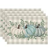 Artoid Mode Pumpkins Eucalyptus Leaves Fall Placemats Set of 4, 12x18 Inch Autumn Thanksgiving Ha...