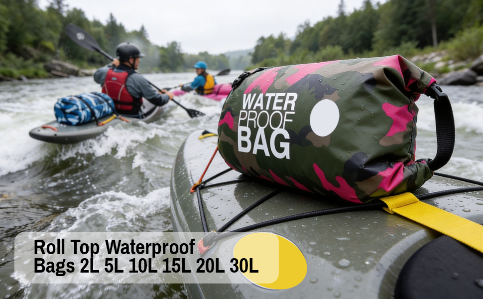 Waterproof dry bag on kayak for kayaking hiking travel and outdoor waterproof gear