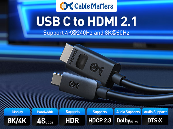 Cable Matters USB C to HDMI 2.1 cable with dynamic HDR, ALLM, and ultra HD video support