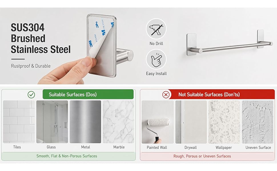 self adhesive towel bar no drill stick on