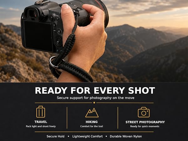 Black camera wrist strap used for secure travel, hiking and street photography with DSLR camera