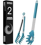 Spaghetti Spoon and Pasta Tong, Non-stick Silicone Spoon Server Fork With Teeth and Stainless Ste...