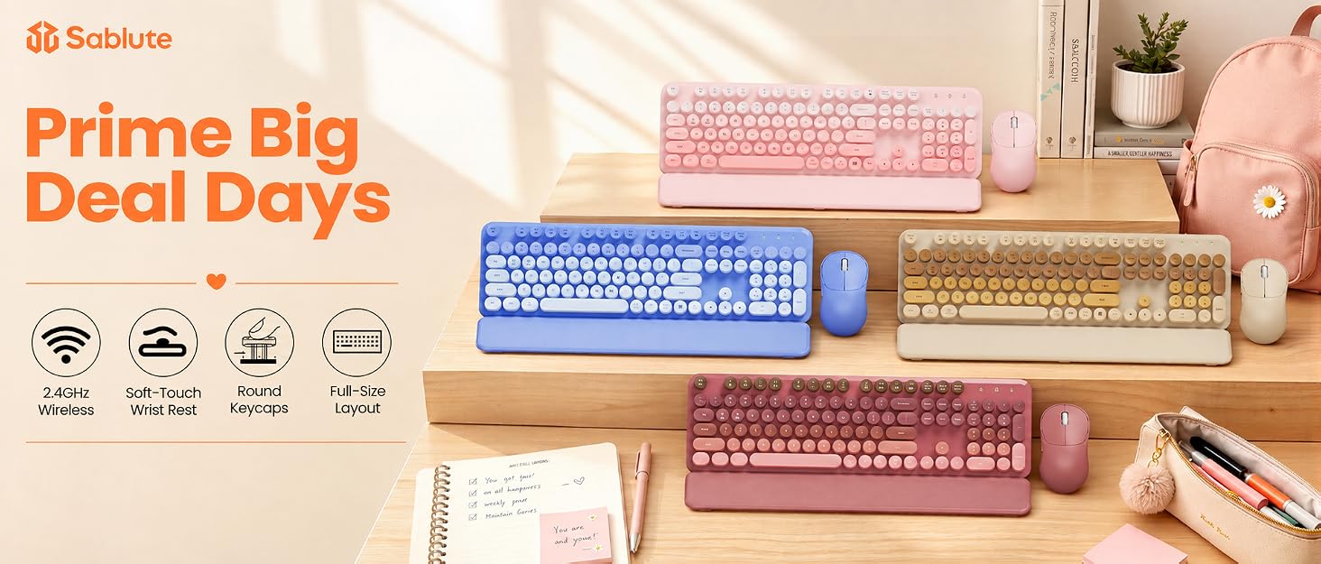 Colorful wireless keyboard mouse combos with soft-touch wrist rests for Prime Big Deal Days.