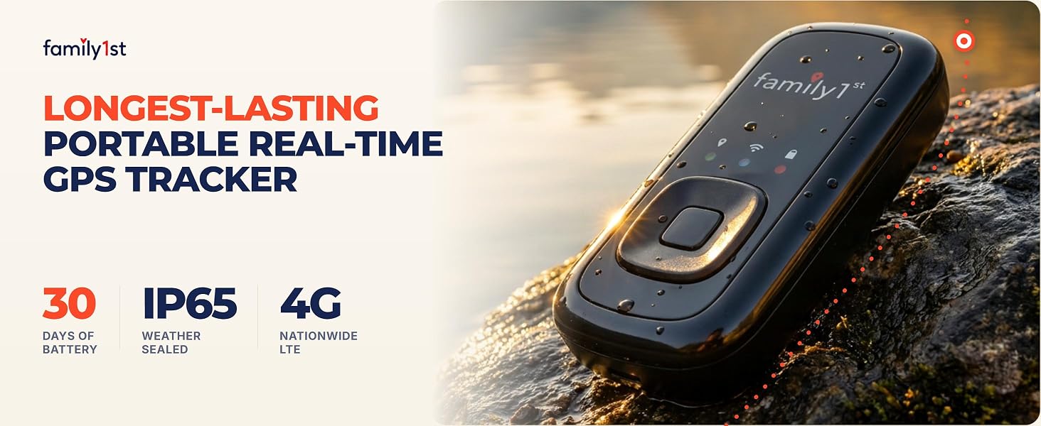 Family1st portable GPS tracker on a rock by water.