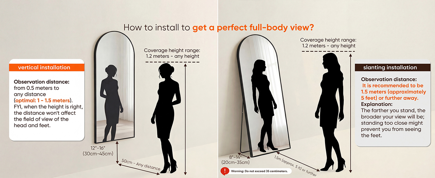 Arched Full Length Standing Leaning Mirror Body Aluminum Alloy Thin Frame Suitable Bedroom Cloakroom