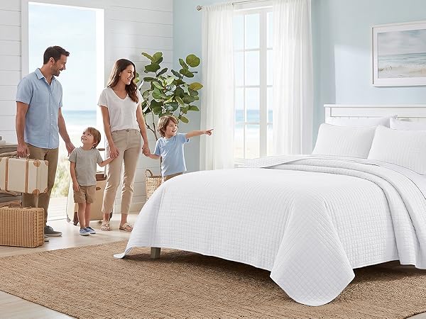 California king quilt bedding set in white with smooth quilted microfiber fabric