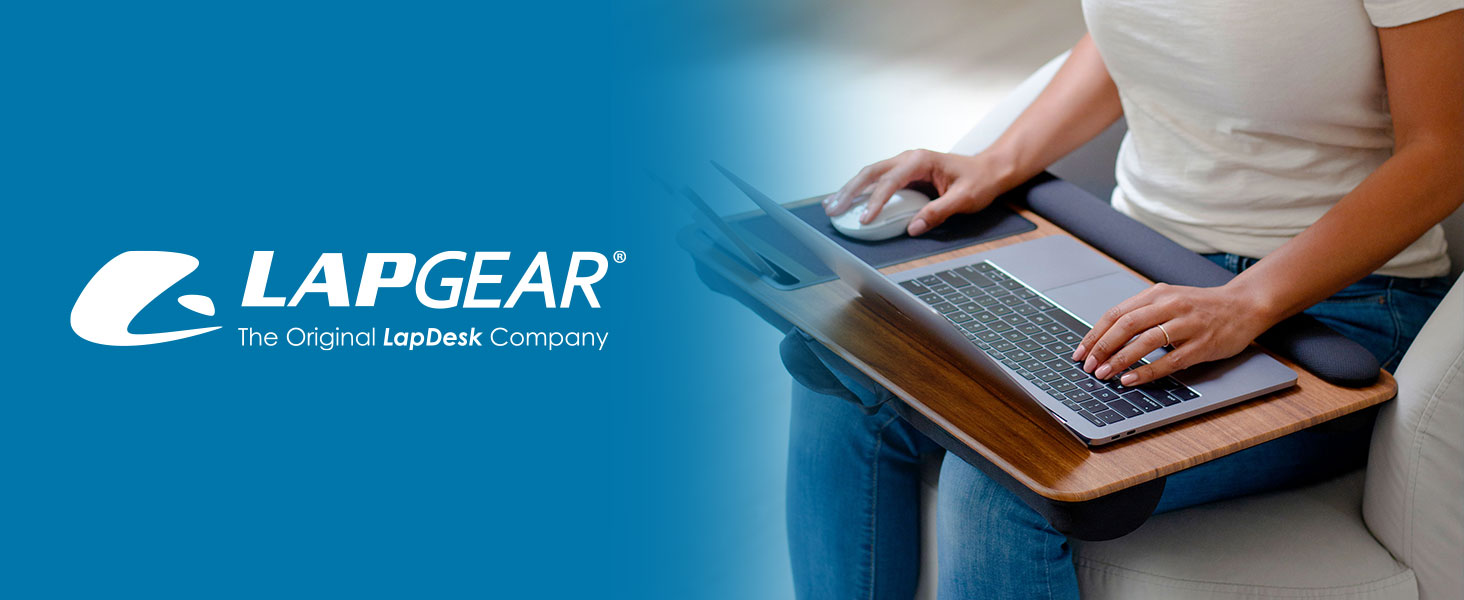 a lifestyle image of a woman using a home office pro lap desk while working on her laptop