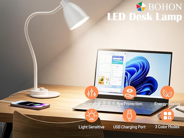 LED Desk Lamp with USB Charging Port Reading Lamp Task Lamp Flexible Table Light for Dorm Bedside