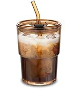 MINGHYZYA 13oz Iced Coffee Cups, Glass Tumbler with Straw and Lid Sealed Carry On Thick Wall Glas...