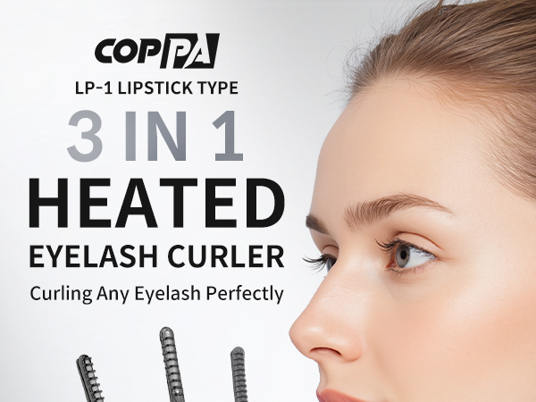 Coppa LP-1 lipstick type 3-in-1 heated eyelash curler. Device promises perfect curling for any eyelash. Image shows product name, features, and close-up of a woman's eye area.