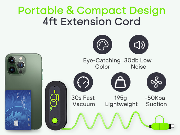 Portable vacuum cleaner advertisement showing 4ft extension cord, 30s fast vacuum, 195g lightweight, -50Kpa suction, 30db low noise, and eye-catching color features. Includes smartphone and credit card for size comparison.