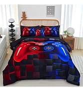PERFEMET 6 Pieces Kids Comforter Sets Twin Size Red and Blue Game Console Bedding Set for Boys Gi...