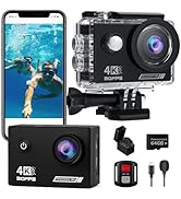 4K action camera with waterproof case, remote control, mounting accessories, and smartphone displaying underwater photography example.