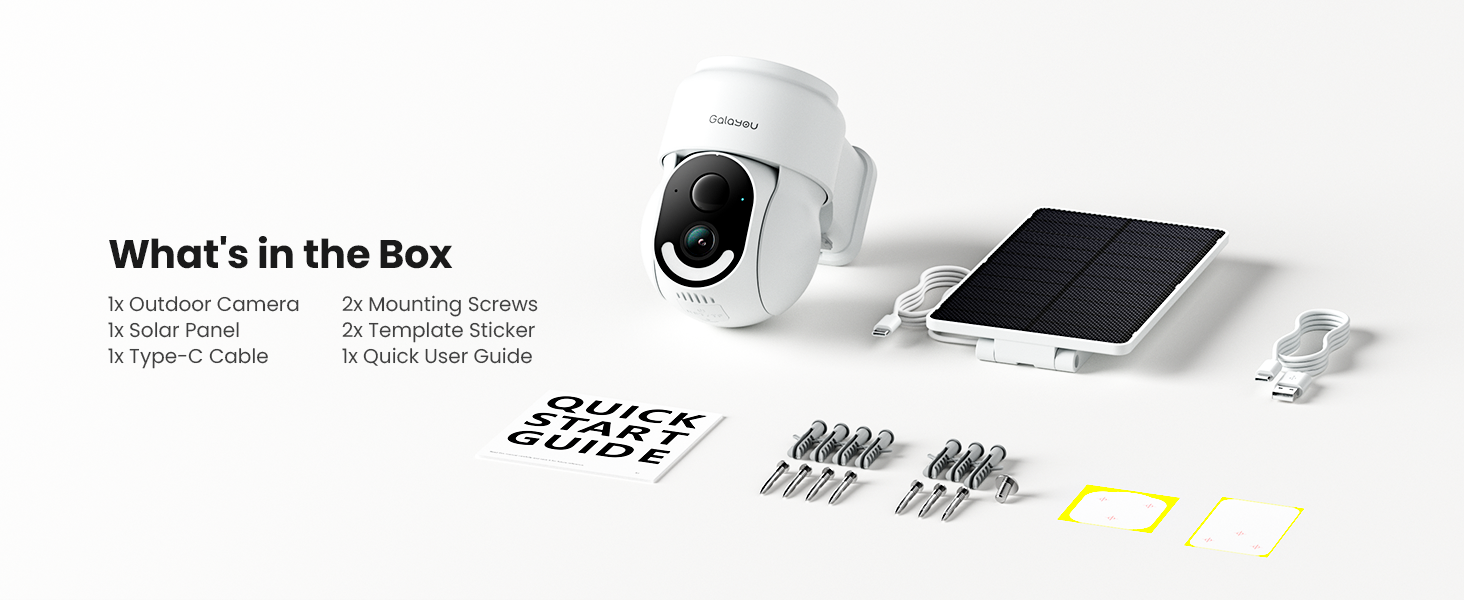 Text reads "What's in the Box" with product contents listed. White robotic device with camera lens, solar panel, charging cable, connectors, and instruction materials displayed in organized flat-lay arrangement.