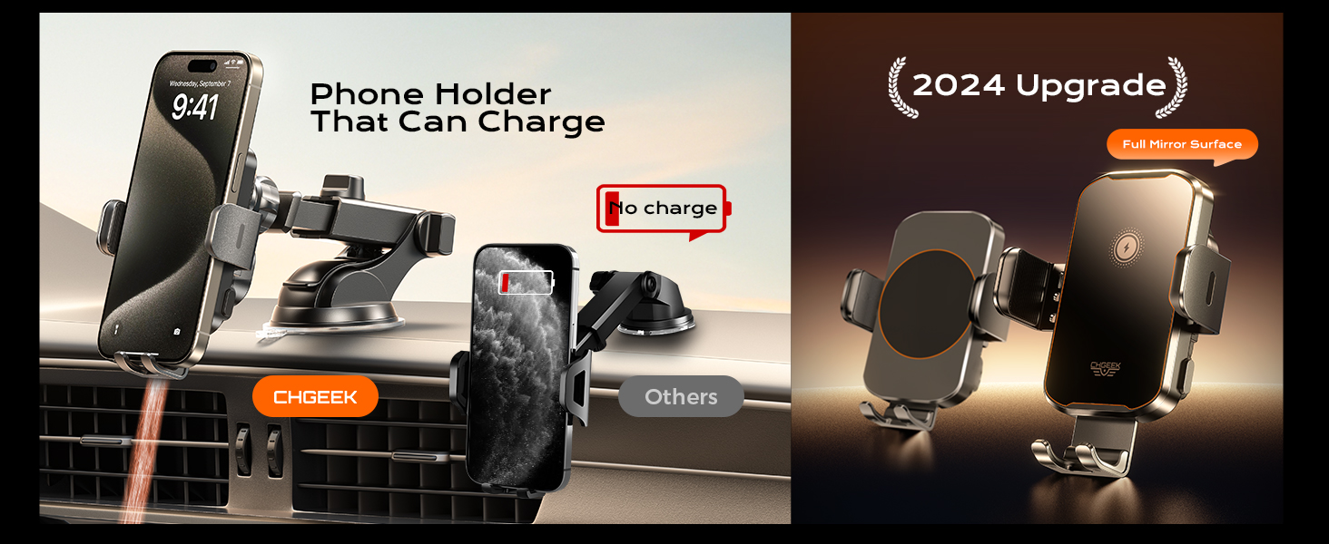 Phone Holder That Can Charge, 2024 Upgrade Full Mirror Surface CHGeek wireless car charger