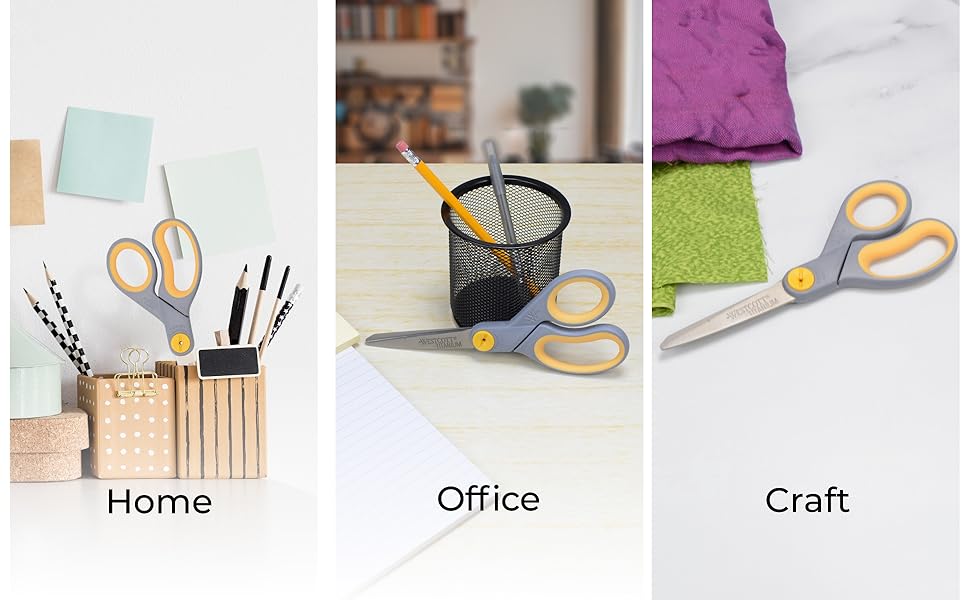 Image of adult scissors in multiple settings with text reading home office craft.