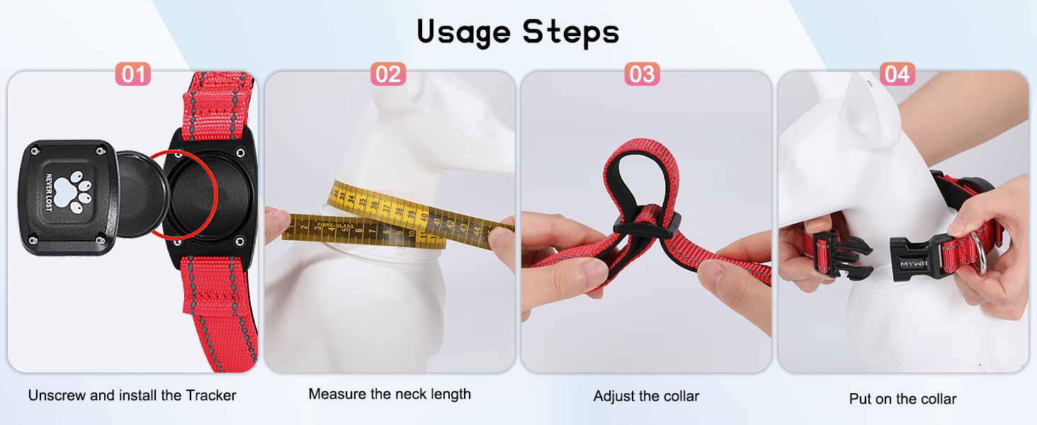 MYIWB Dog Collar Usage Steps: Install Tracker, Measure Neck, Adjust & Put On