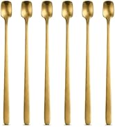 Coffee Espresso Spoons Set of 6, 6.69-Inch Long Handle Gold Stainless Steel Stirring Spoons, Squa...