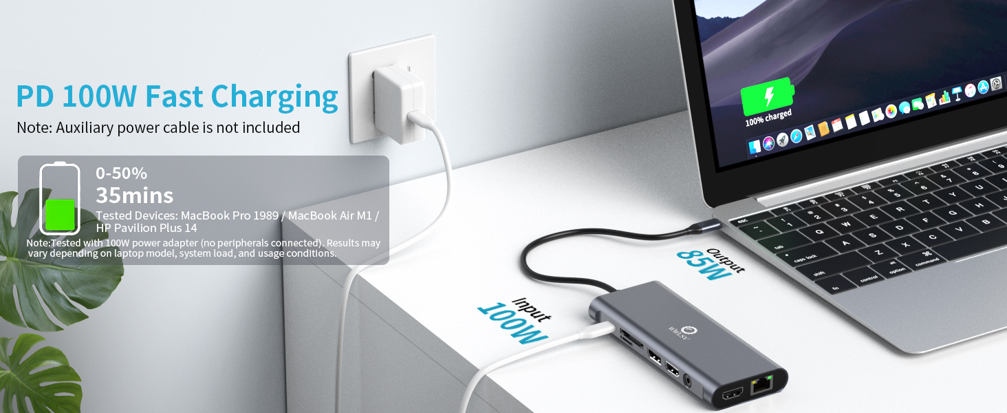 The laptop docking station features a powerful 100W PD USB C Power Charging Port