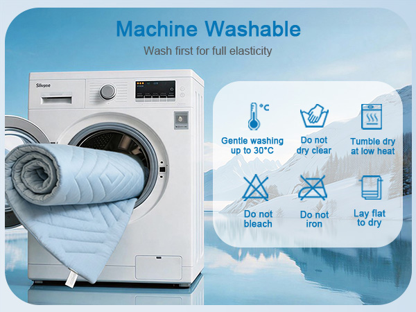 Text reads "Machine Washable - Wash 30°C for full elasticity" with care icons. White front-load washing machine with blue bedding inside; care symbols showing wash, dry, and iron instructions.
