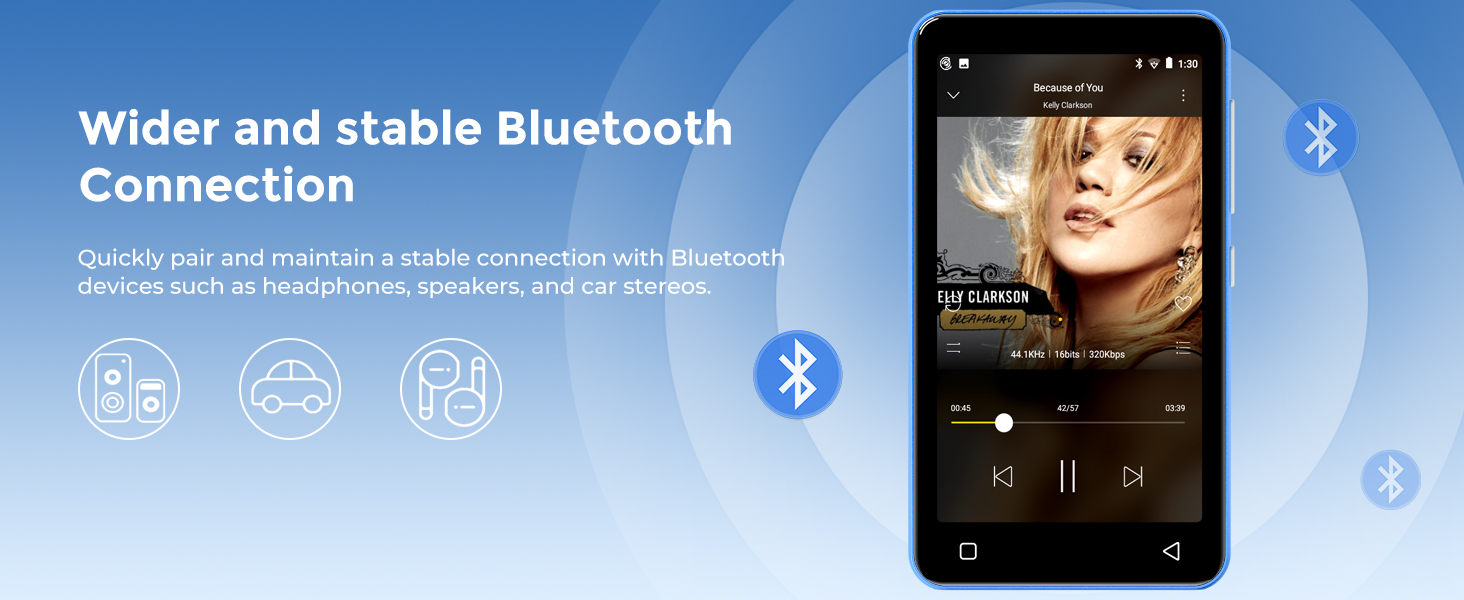 Smartphone displaying music player interface with Bluetooth connection icons and text highlighting stable wireless connectivity features.