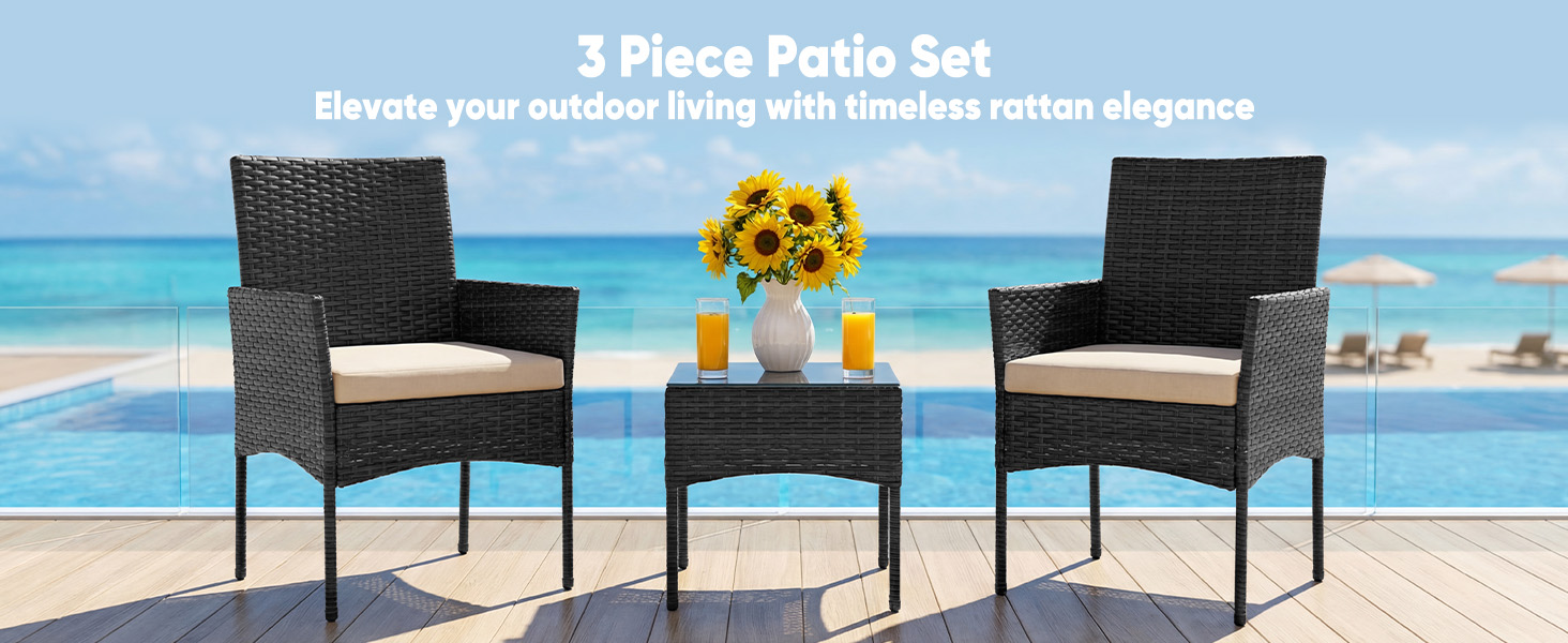 3-Piece Wicker Set for Small Balcony & Patio