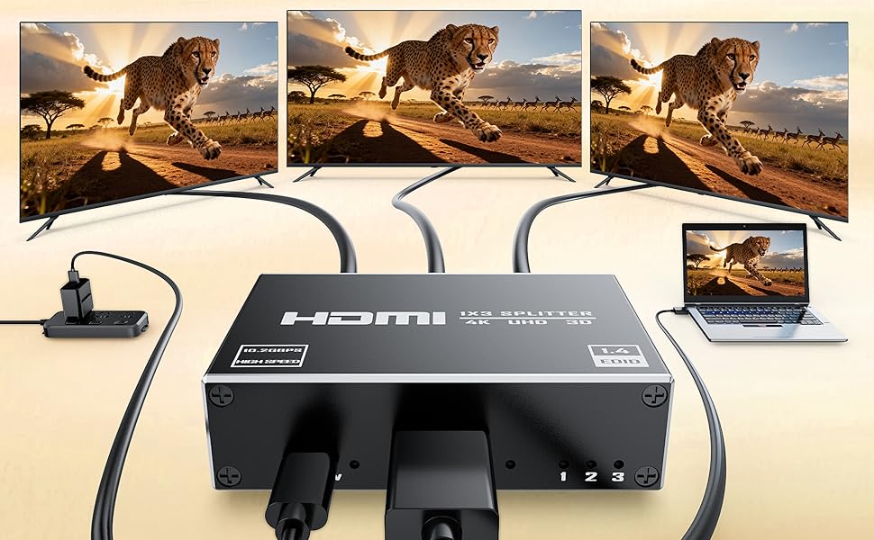 HDMI Splitter 1 in 3 Out w/ Hdmi Cable, Not for Extended Display, Mirror Same Screen Only