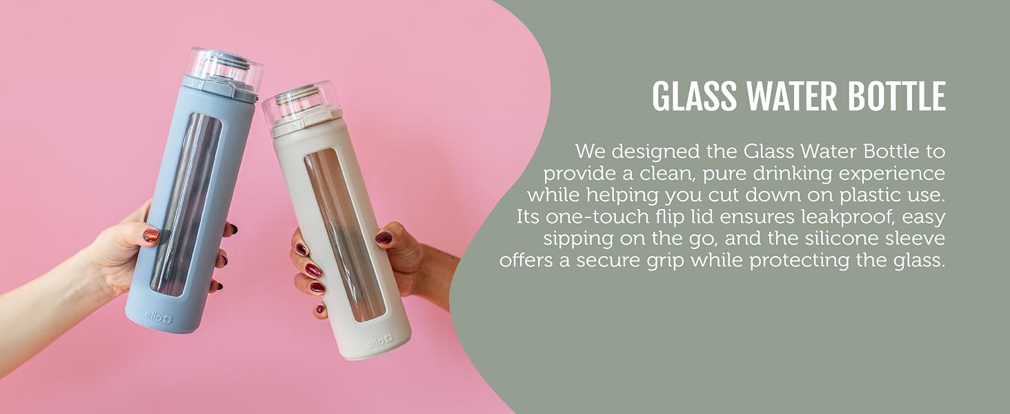 ello syndicate 20oz glass reusable water bottle with carry loop and silicone sleeve