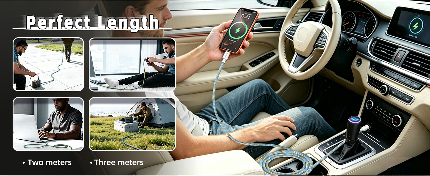 Text reads 'Perfect Length'. Split-panel image showing car steering wheel with measuring tape across it and multiple vehicle interior reference photos.